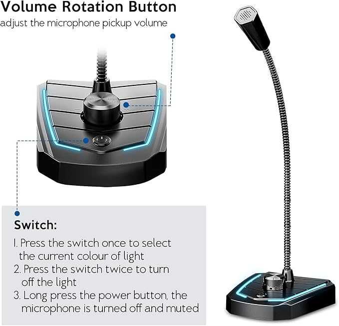 Mikrofon do podcastów gier do PC/laptopa/PS4 LED USB wejście słuch 3,5