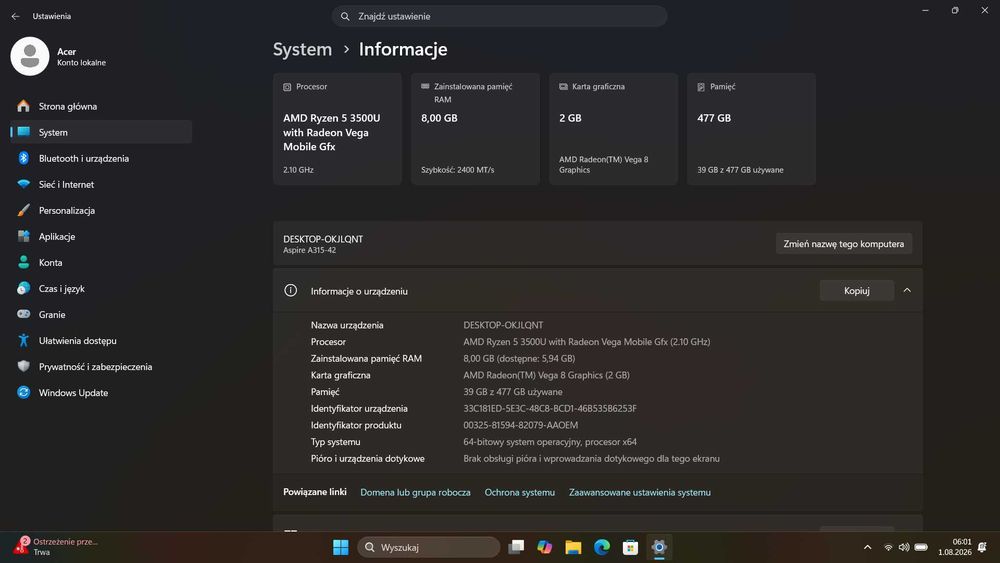 Laptop Acer Aspire 3 | Ryzen 5 3500U | 8 GB RAM | 512 GB SSD | Win 11 | Stan BDB