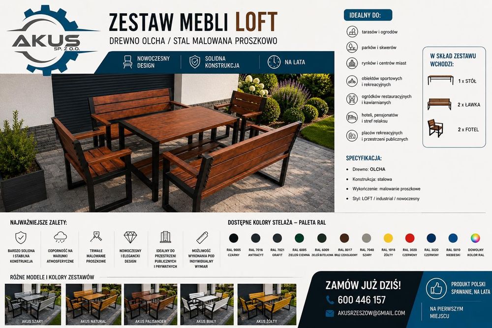 Zestaw mebli LOFT – drewno Olcha / stal malowana proszkowo
