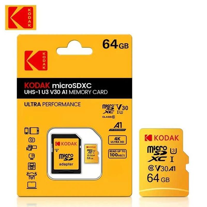 Karta pamięci 64GB Kodak microSDXC UHS-I U3 V30 A1 + adapter