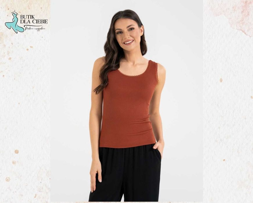 -> Ceglany TOP damski - prążkowany z koronką na ramiączkach / MORAJ / Rozmiar: S. M, L, XL, XL