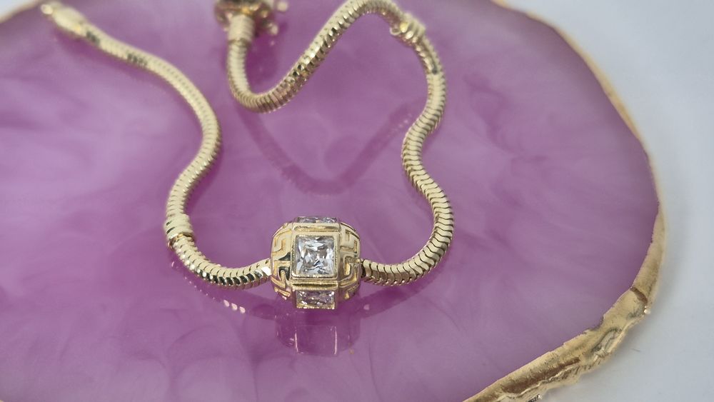 Nowy złoty charms do bransoletki typu Pandora kulka cyrkonie 585