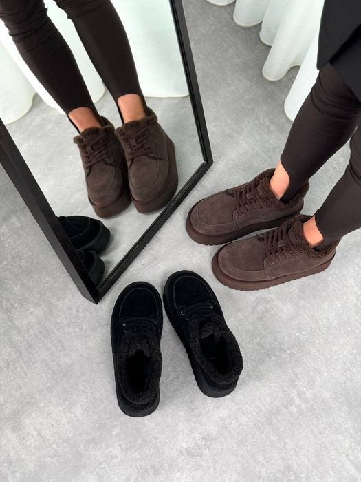 Женские замшевые угги лоферы на шнурках