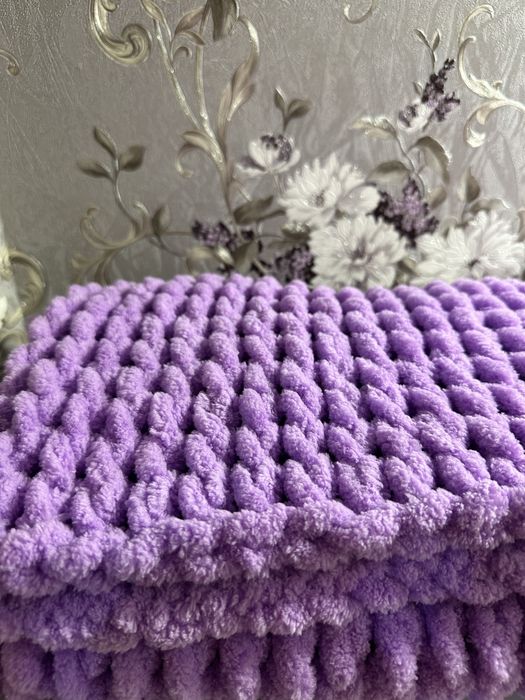 Плед із пряжі Алізе Пуффі Плюшевий плед на виписку або в коляску