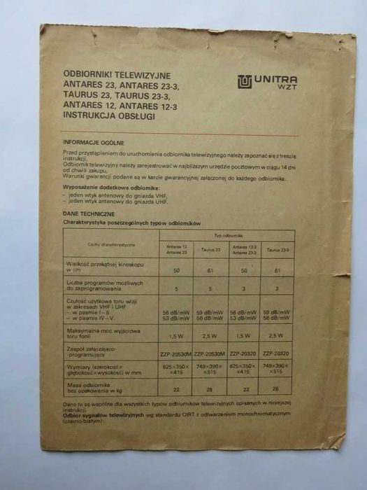 Instrukcja obsługi dla TV Antares 23, Taurus 23, Antares 12