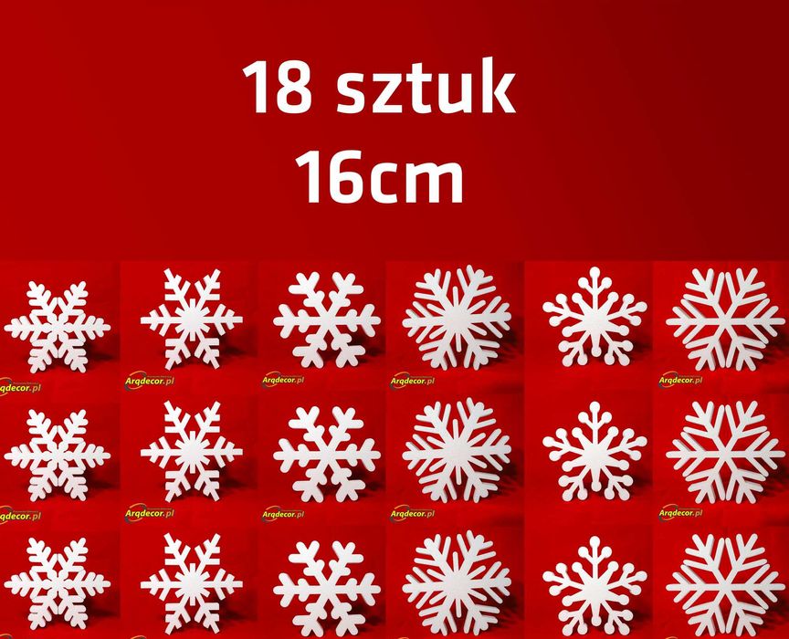 Śnieżynki styropianowe 16 cm. Komplet 18 sztuk. Boże Narodzenie