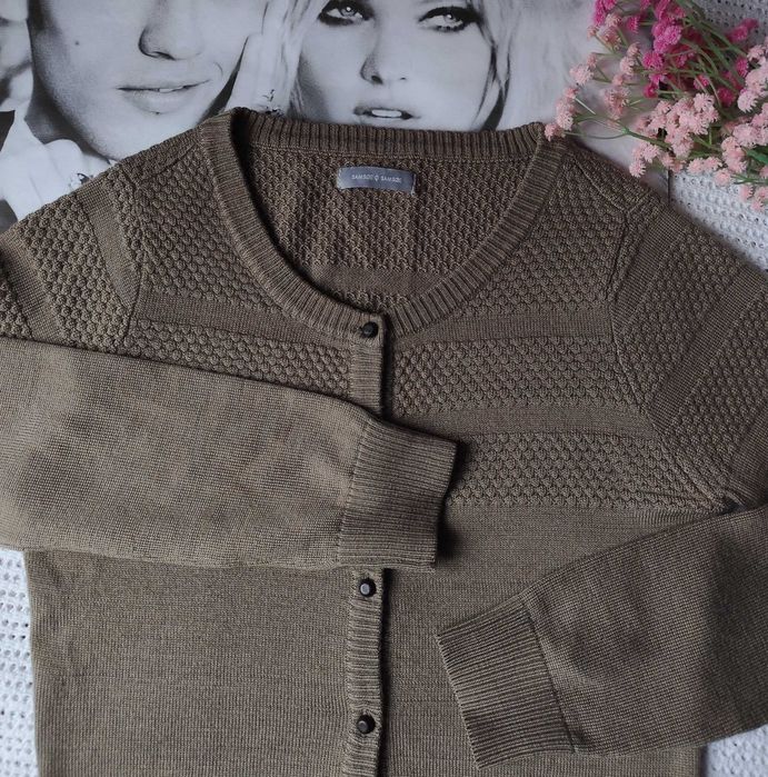 50% Merino milutki sweter rozpinany brązowy kardigan wełniany wełna S