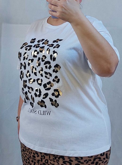Nowa bluzka t-shirt XXL 44 46 biała panterka Bawełna Pepco