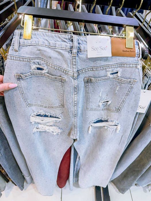 spodnie blink blink cekiny przetarcia balon mom fitwysoki stan premium