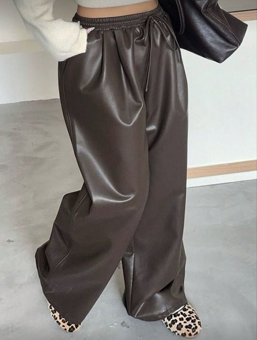 Шкіряні штани шоколадні плюс сайз