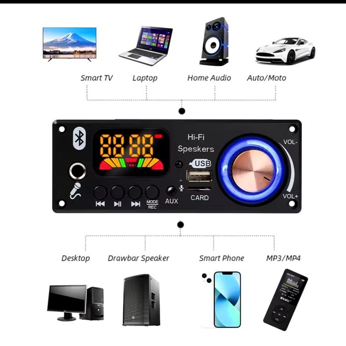 Декодер мр3, Bluetooth 5.1 FM радио, usb, плеер аудио, 12 V, микрофон