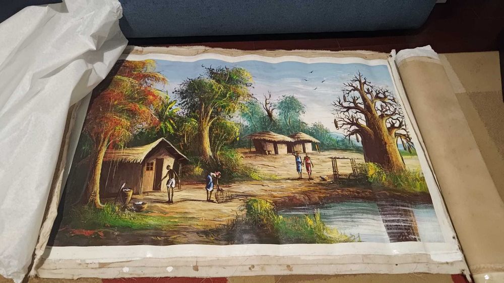 Pintura africana em tela – Cena rural tradicional em Angola