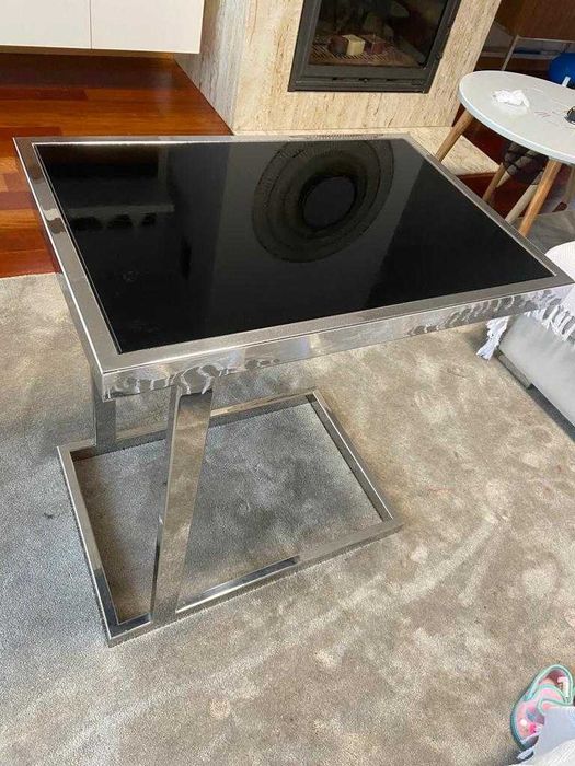 Mesa de apoio em inox e tampo em vidro lacado preto - cbhome