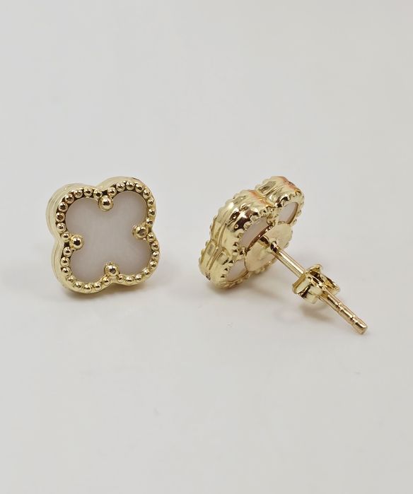 Złote kolczyki wtykane białe koniczynki próba 585 14k