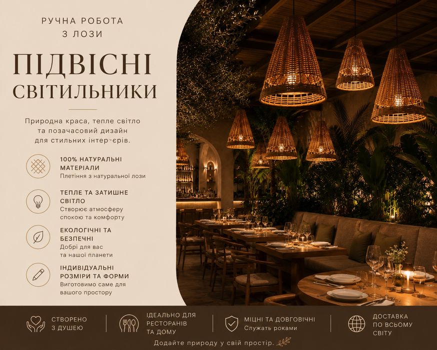 Розкішні абажури та світильники з натуральної лози