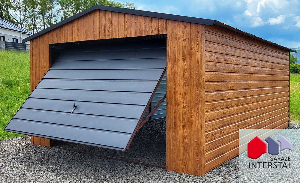 Garaż Blaszany 4x5 Drewnopodobny Garaże Orzech poziomy układ + Obróbki