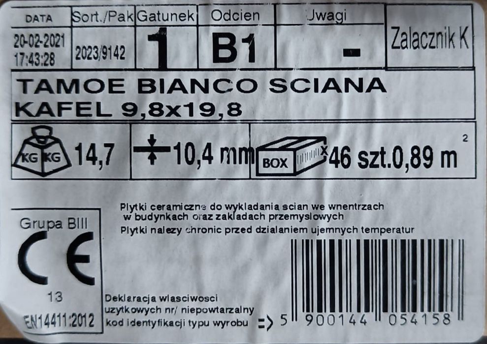 Glazura Tamoe Bianco 9.8x19.8 Ceramika Paradyż kolor biały