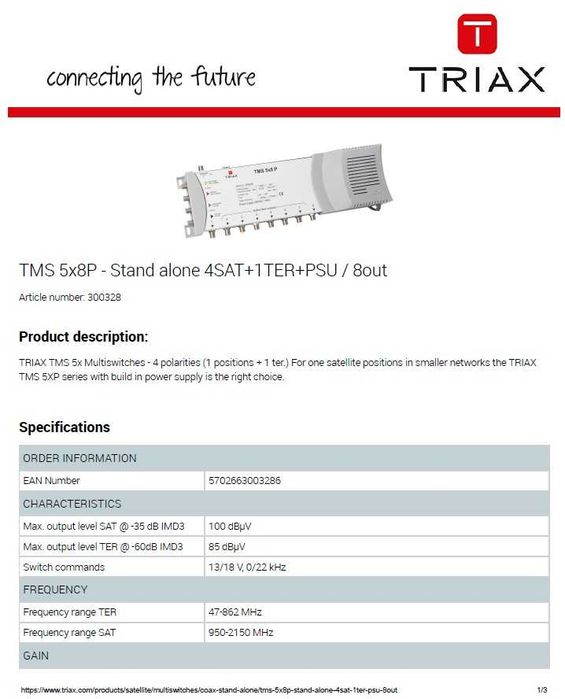 Multiswitch TRIAX 5 polarizações para 8 recetores