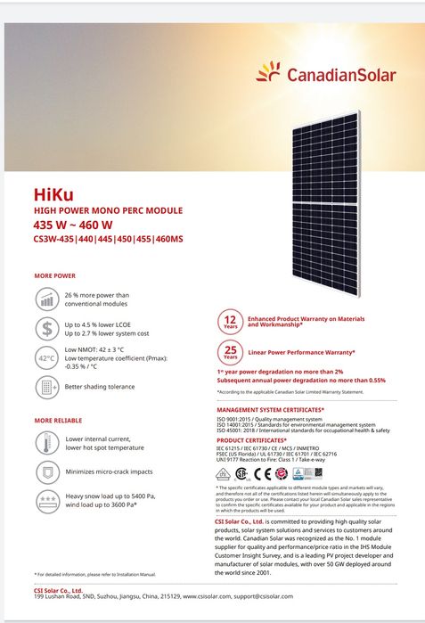 Canadian Solar 455W 450W Painel Fotovoltaico Mono Monocristalino Hall