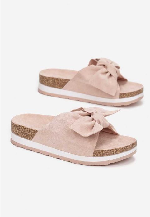 Шлепки на пробковой подошве с бантом,  пудра, 37-37.5