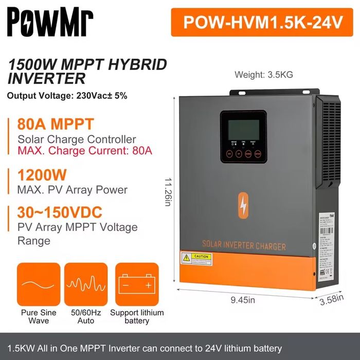Новий Гібридний інвертор з чистою синусоїдою PowMr 1500W  24V