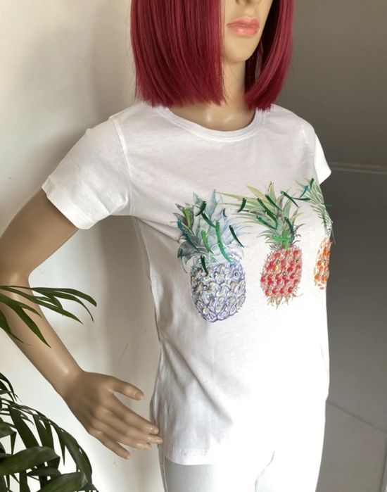 T-shirt biały z nadrukiem ananasów, 100% bawełna, rozmiar S