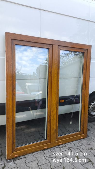 Okna pcv szer 141.5cm wys 164.5cm kolor złoty dąb stan bdb