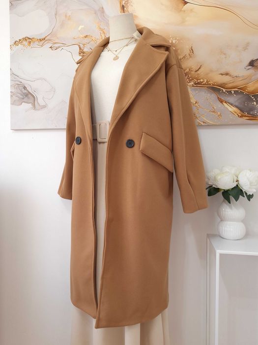 Płaszcz Damski Klasyczny Długi Brązowo Beżowy Camelowy Lily Rose