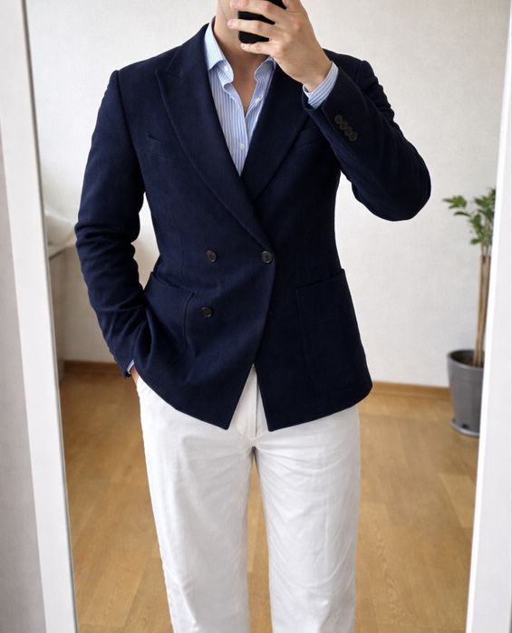 Męska marynarka dwurzędowa granatowa jodełka rozmiar 46