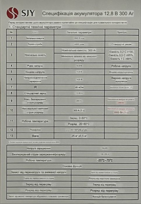 Акумулятор (залізо-фосфатний ) SJY 12.8V 300Ah