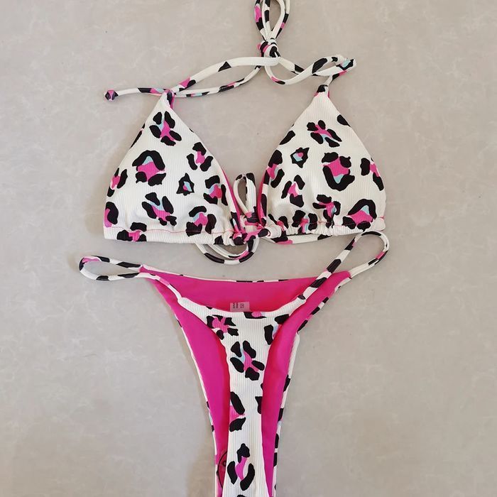 Dwuczęściowy Strój Kąpielowy Mikro Bikini Sexy Stringi w Panterkę - L