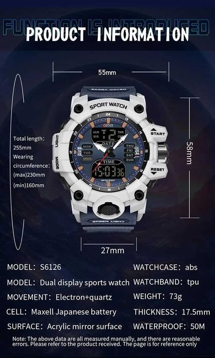 Zegarek męski OFNS sportowy analogowo cyfrowy elektroniczny LED WR50