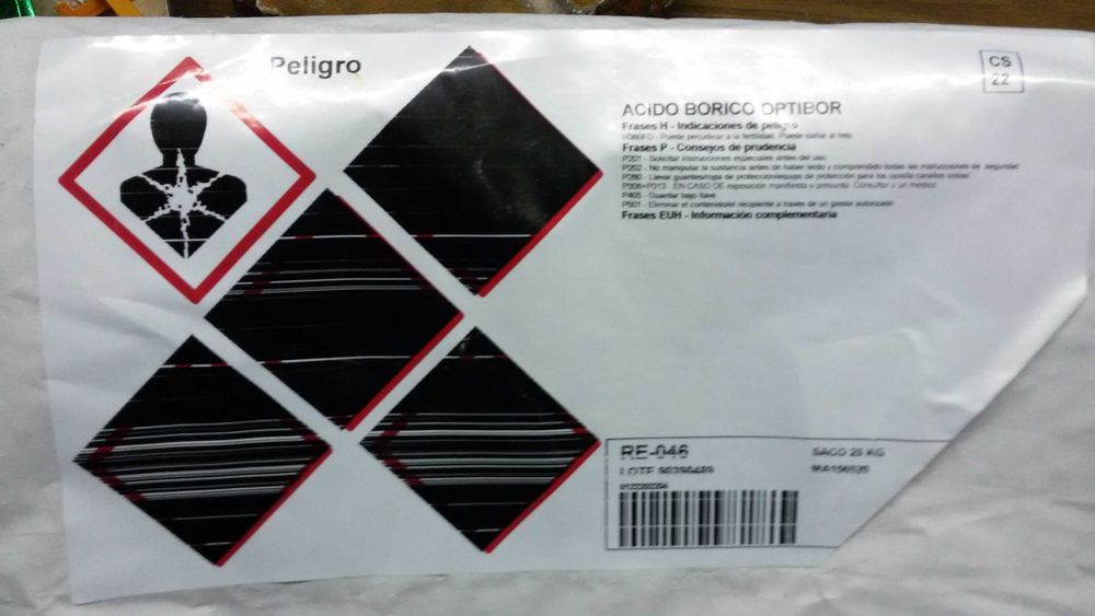 Ácido bórico, H3Bo3, Pureza 99%, Ph5,1 .