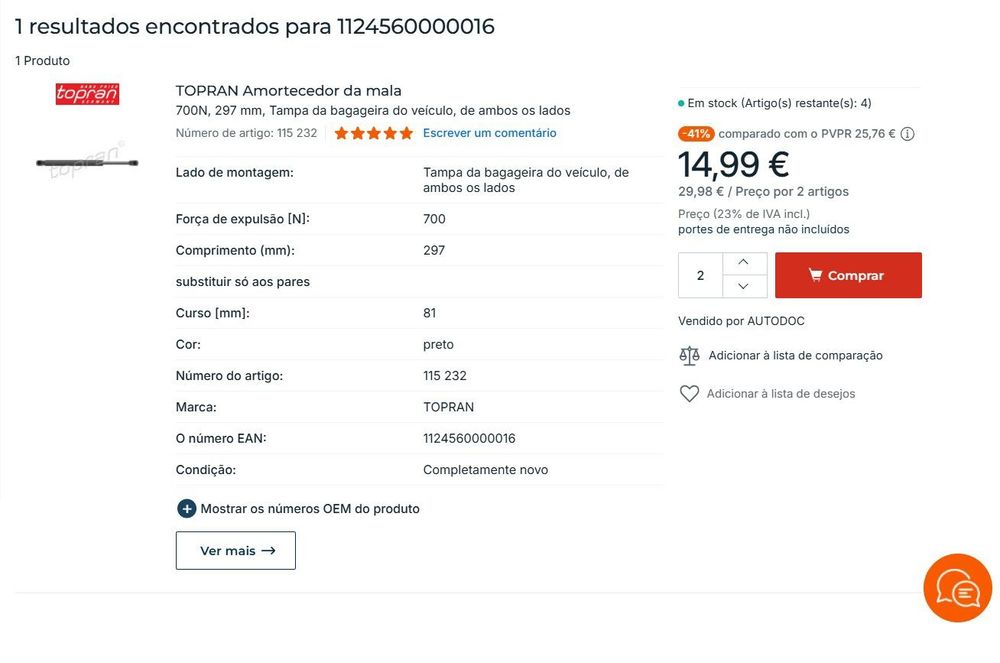 Amortecedores da mala Audi A4 B7/Seat Exeo sedan