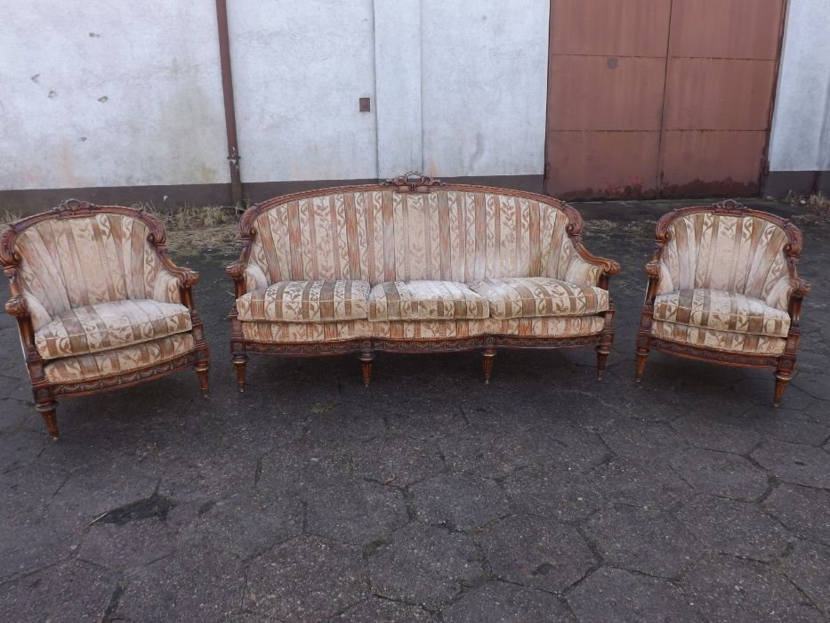Empiryczna sofa z fotelami mosiężne okucia