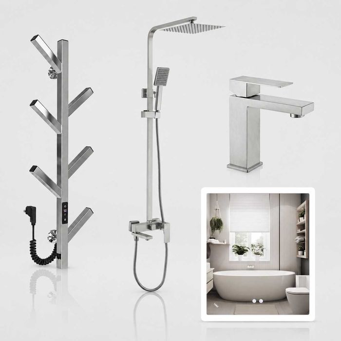 Готовий комплект для ванної кімнати Lidz Helix + рушникосушка Ares + LED дзеркало 700×800 | Душова система, змішувач та дзеркало з антизапотіванням