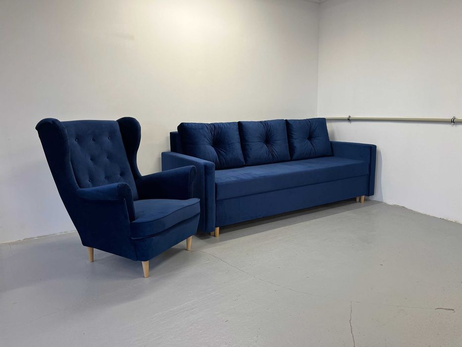 Zestaw komplet wypoczynkowy Kanapa Skandynawska i Fotel Uszak. Sofa