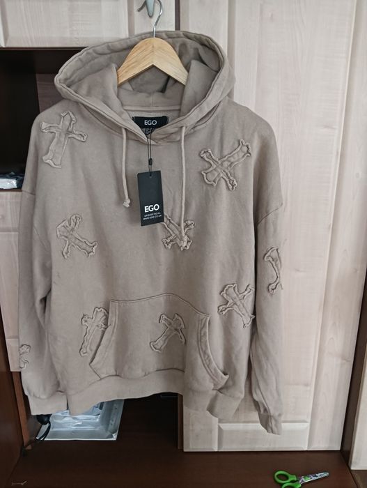Bluza z kapturem EGO oversize beżowa z krzyżami krzyże Y2K streetwear XS/S