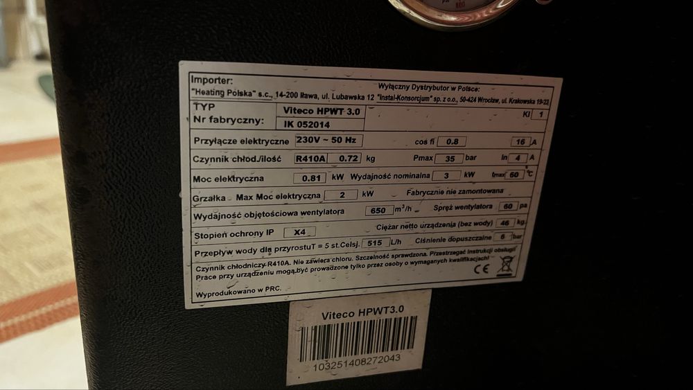 Pompa ciepła/c.w.u viteco hpwt 3.0 3kw