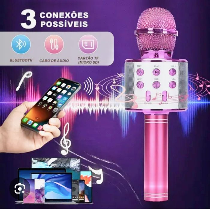 MICROFONE MULTIFUNÇÕES SEM FIOS_Conectividade_Bluetooth de Karaokê_Portátil._USB_SD_MP3_Cor ROSA_Caixa de Som_Youtuber