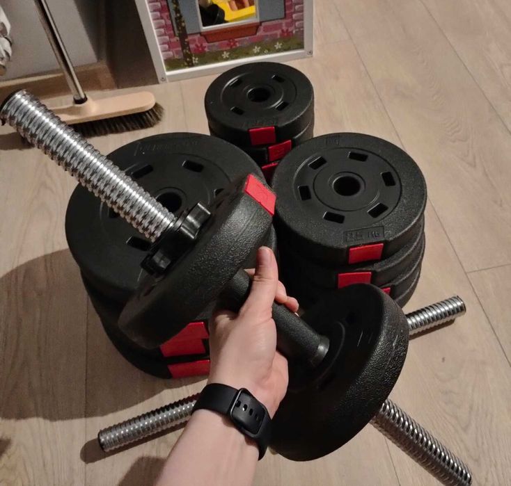 Zestaw Hantle Regulowane na Gryf 20KG Bitumiczne Sztangielki Ćwiczenia