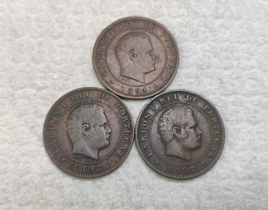 Conjunto Moedas de 10 Réis 1891, 1892 e 1892 A (Paris)