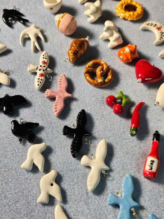 Керамічні намистини, пташка, каштан, вареник, сердечко, баран, круасан