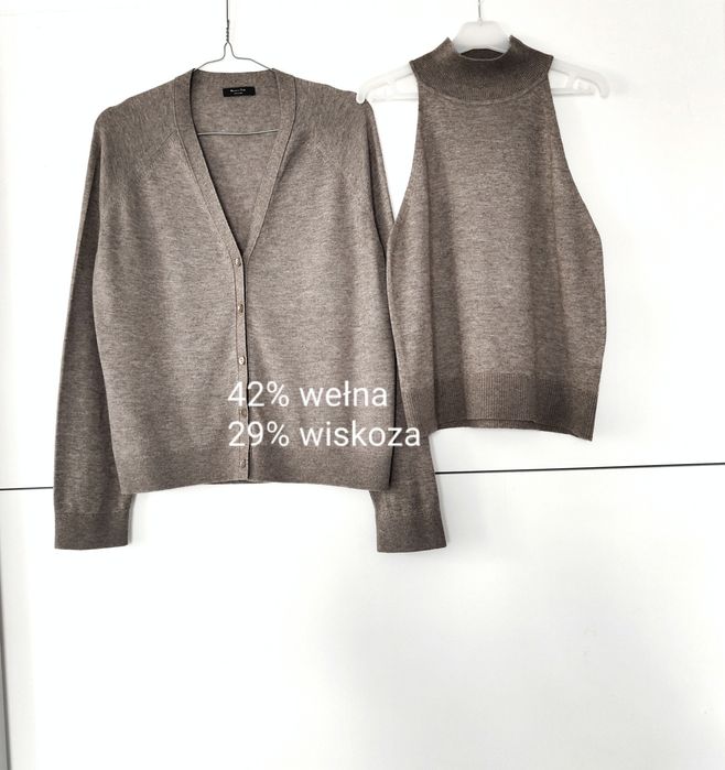 Komplet Massimo dutti 40 L brązowy taupe set kardigan i top dzianinowy wełniany wiskozowy