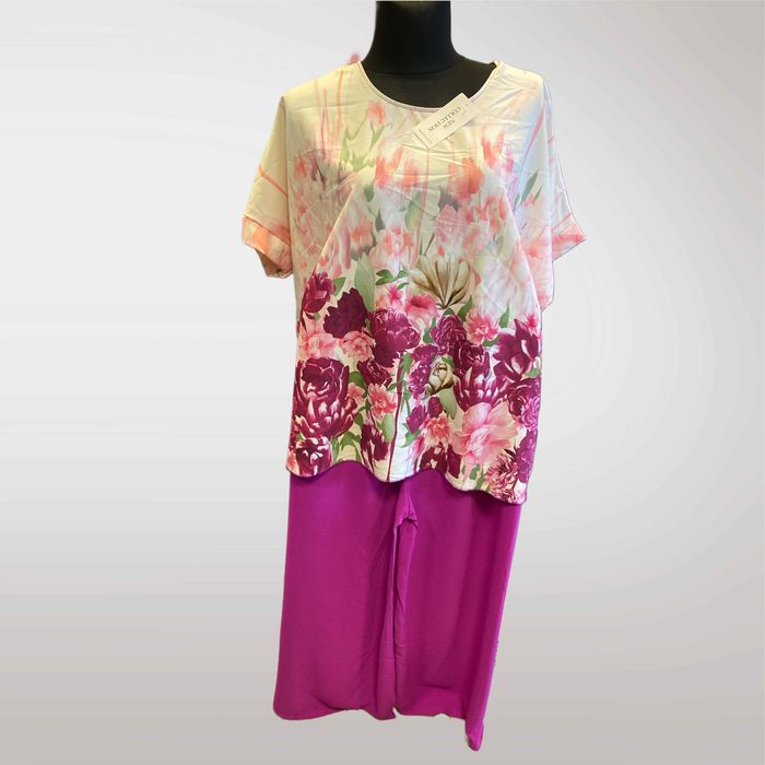 Komplet Kwiatowy Bluzka i Spodnie Fuksja