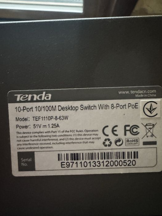 PoE комутатор Tenda TEF1110P-8-63W