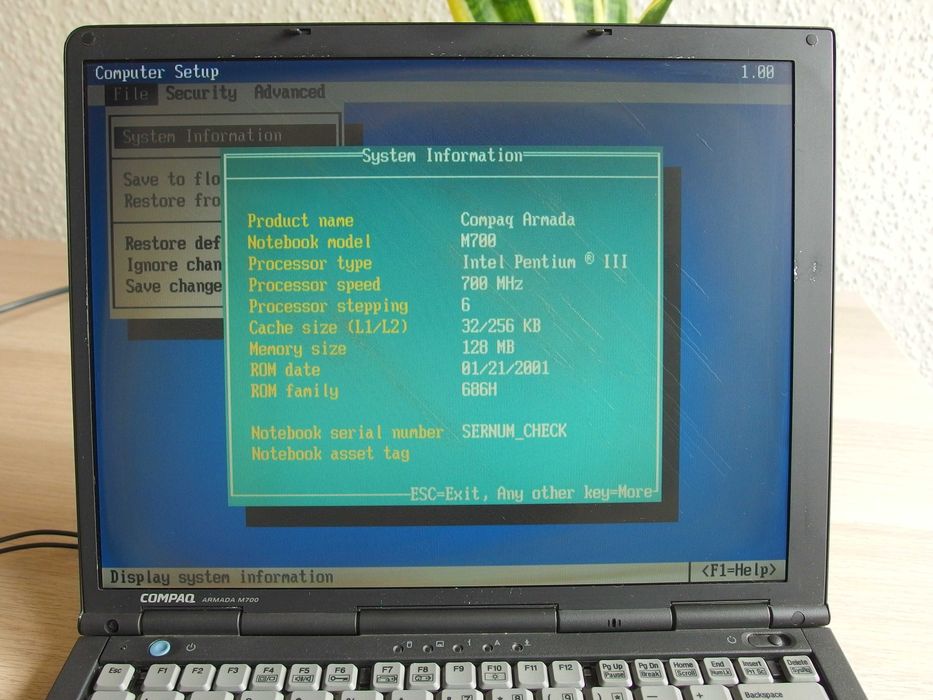 retro PC laptop intel Pentium III 128MB RAM Compaq Armada M700 Windows 98 se irda usb