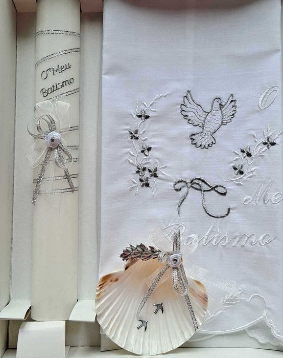 conjunto para batismo / batizado: vela, concha, toalha