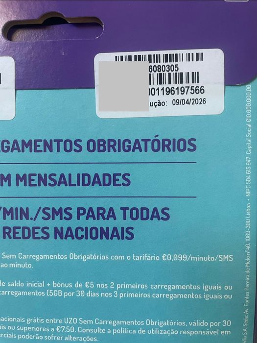 cartões UZO prepago selados, números únicos