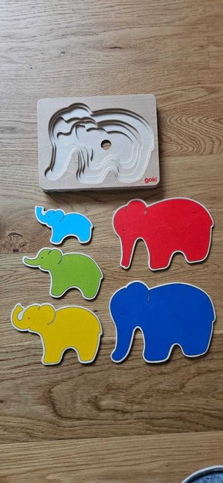 Goki Puzzle warstwowe Słoń drewniane kolorowe klocki edukacyjne 17 cm